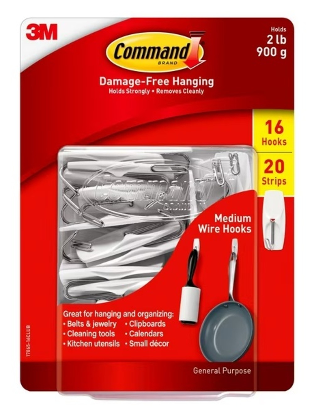 3M/Command: Medium Wire Hook (2 lbs), 16 Hooks, 20 Strips/Pack